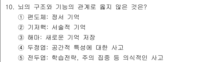 청소년상담사_3급(2교시)(구) 2020년 10번 - '두정엽: 공간적 특성에 대한 사고'는 뇌의 구조와 기능의 관계에서 공간... 에 관한 핵심 기출문제