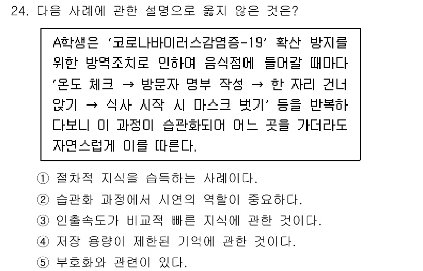 청소년상담사_3급(2교시)(구) 2020년 24번 - 정답 '4'는 '저장 용량이 제한된 기억에 관한 것'이다. 주어진 사례는... 에 관한 핵심 기출문제