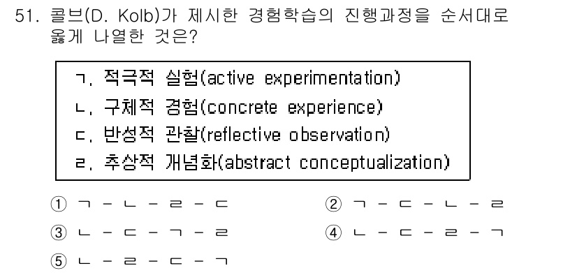 청소년상담사_3급(2교시)(구) 2020년 51번 - 콜브의 경험학습 이론에 따르면, 학습 과정은 4단계로 진행됩니다. 첫 번... 에 관한 핵심 기출문제