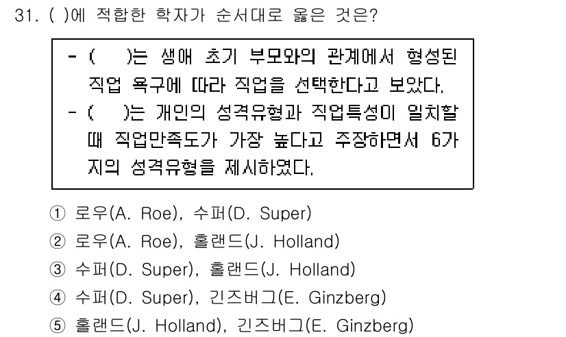 청소년상담사_3급(2교시) 2020년 31번 - 이 문제에서 올바른 순서는 2번입니다. 로우(A. Roe)는 생애 초기 ... 에 관한 핵심 기출문제