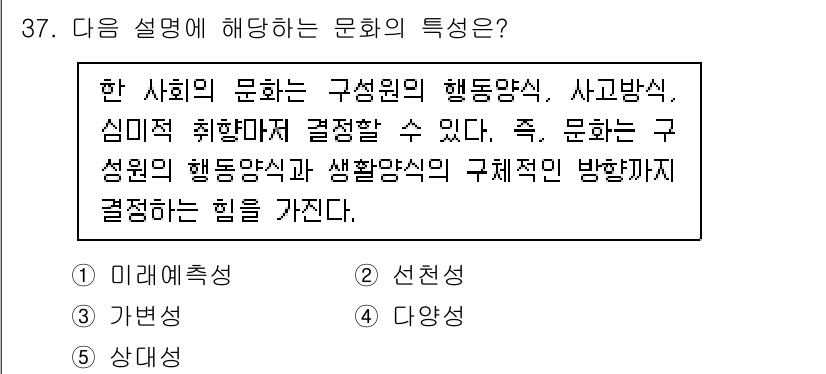 청소년상담사_3급(2교시) 2020년 37번 - 주어진 설명은 문화가 사회 구성원의 행동양식과 생활양식에 영향을 미친다는... 에 관한 핵심 기출문제