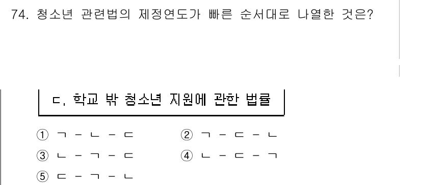 청소년상담사_3급(2교시) 2020년 74번 - 청소년 관련법의 제정 연도에 따라 나열할 때, '1'이 정답인 이유는 해... 에 관한 핵심 기출문제