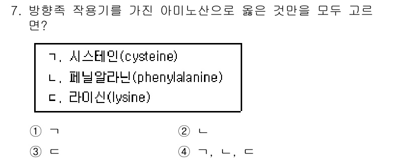 9급_지방직_공무원_공업화학 2020년 7번 - 방향족 작용기를 가진 아미노산은 방향족 탄화수소 고리가 포함된 아미노산입... 에 관한 핵심 기출문제