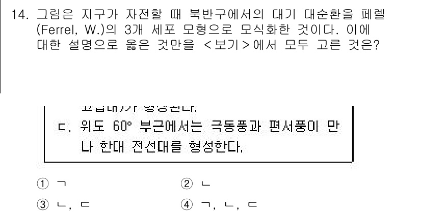 9급_지방직_공무원_과학 2016년 14번 - 주어진 문제에서 대기 대순환을 이해하기 위해서는 Ferrel의 세포 모델... 에 관한 핵심 기출문제