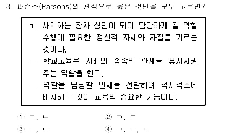 9급_지방직_공무원_교육학개론 2020년 3번 - 파슨스의 관점에서는 사회화와 역할을 강조합니다. 1번은 사회화 과정에서 ... 에 관한 핵심 기출문제