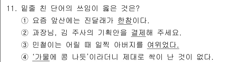 9급_지방직_공무원_국어 2016년 11번 - 정답 '4'는 어법과 의미가 모두 올바르기 때문에 선택됩니다. '가룟에 ... 에 관한 핵심 기출문제