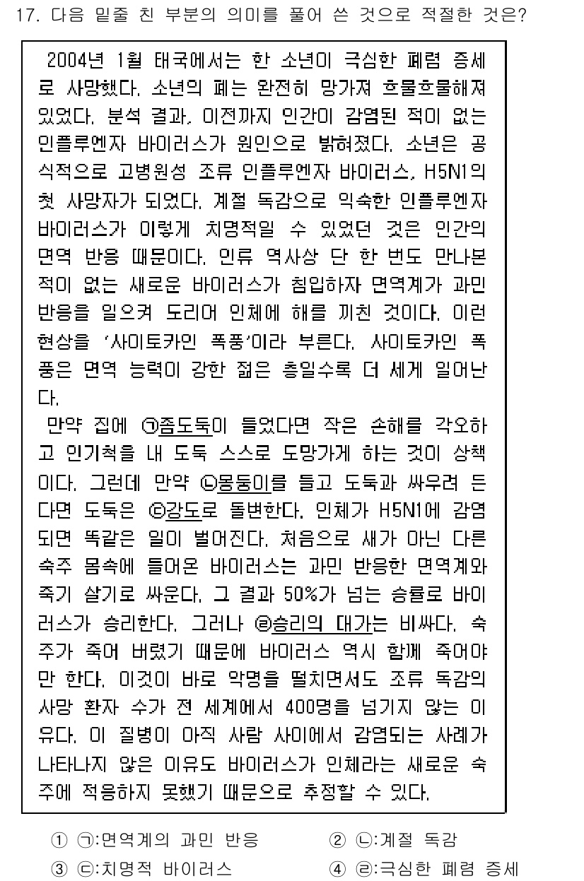 9급_지방직_공무원_국어 2020년 17번 - 3번 '치명적 바이러스'가 정답인 이유는, 주어진 글에서 H5N1 바이러... 에 관한 핵심 기출문제