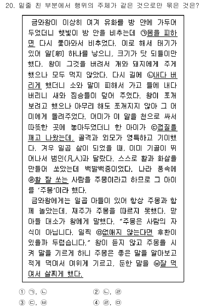 9급_지방직_공무원_국어 2020년 20번 - 주어진 문제는 주체가 되어야 할 표현을 요구합니다. '주몽'이라는 인물이... 에 관한 핵심 기출문제