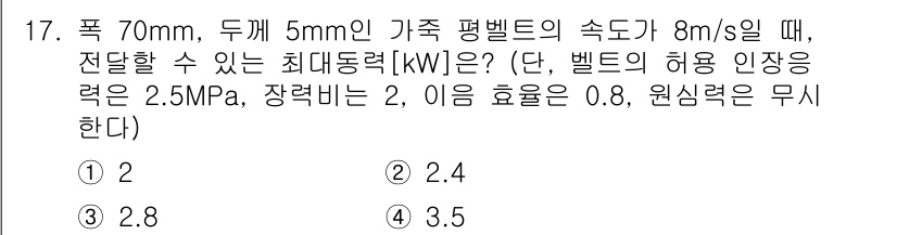 9급_지방직_공무원_기계설계 2020년 17번 - 주어진 문제에서 최대 동력 계산은 다음과 같습니다. 먼저 벨트의 폭과 두... 에 관한 핵심 기출문제