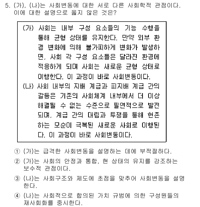 9급_지방직_공무원_사회 2016년 5번 - 정답 '4'는 (나)에서 설명하는 사회적 관점이 자칫 재사회화를 강조하고... 에 관한 핵심 기출문제