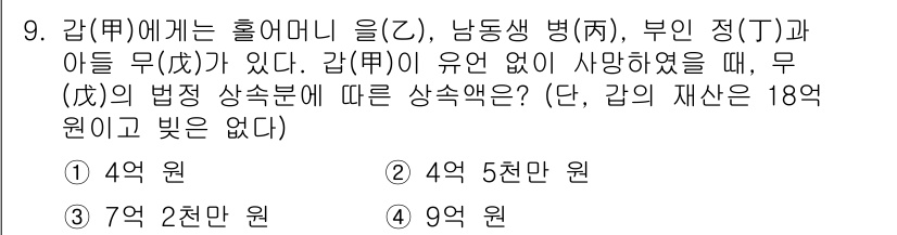 9급_지방직_공무원_사회 2016년 9번 - 문제에서 '갑'의 상속은 '법정 상속분'에 따라 결정됩니다. '갑'의 재... 에 관한 핵심 기출문제