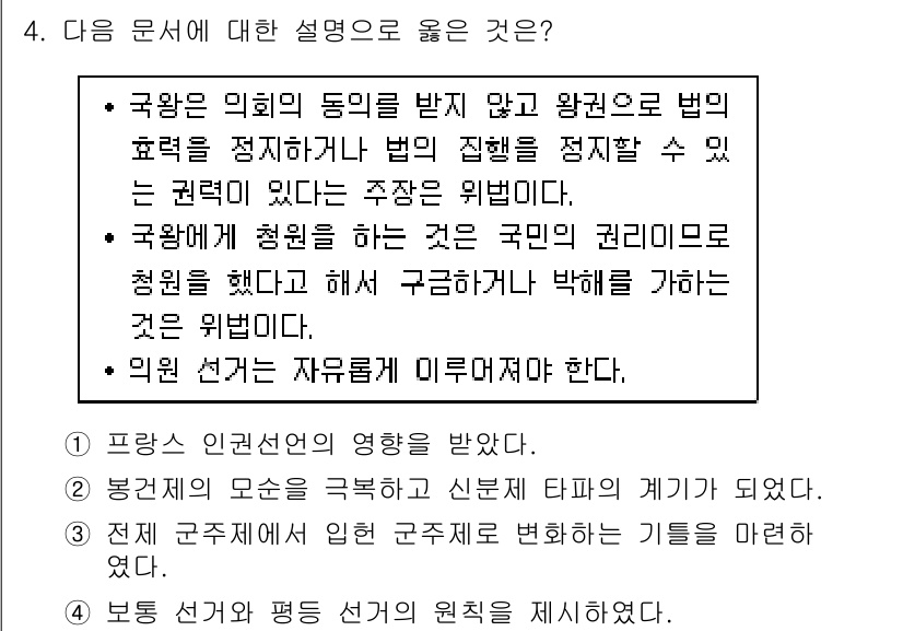 9급_지방직_공무원_사회 2017년 4번 - 주어진 설명에서 국왕의 권한에 대한 주장이 명확하게 표현된 3번 선택지가... 에 관한 핵심 기출문제