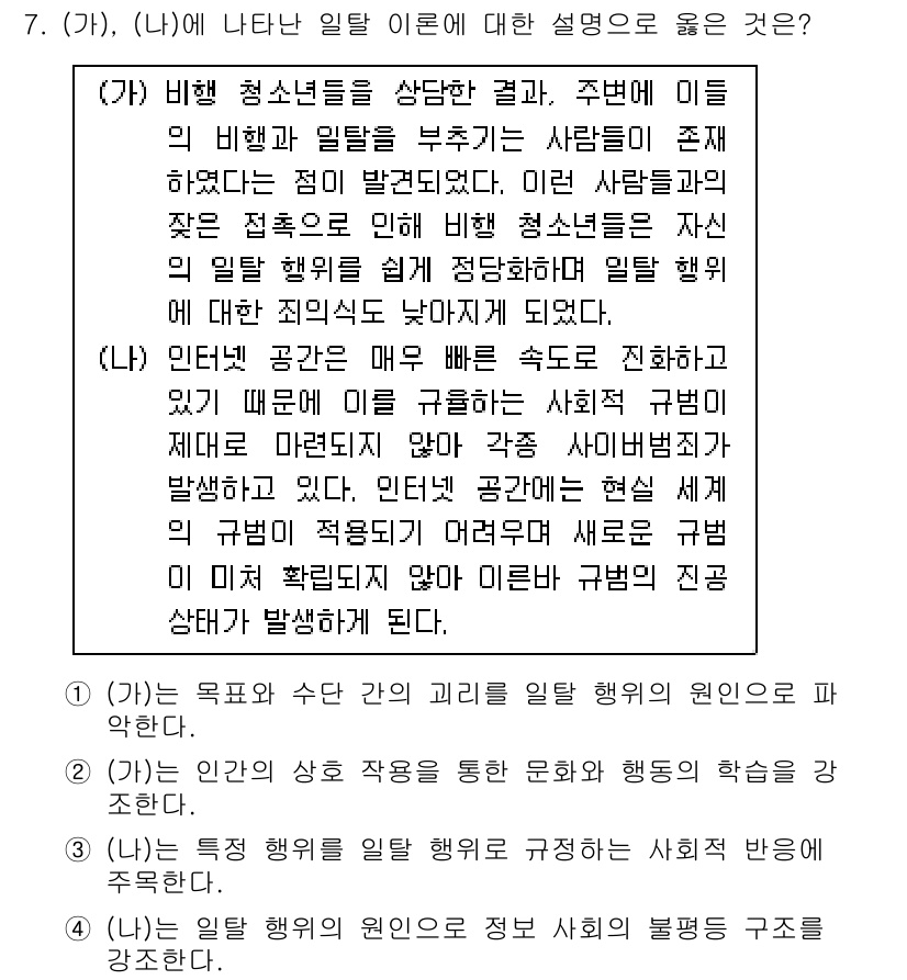 9급_지방직_공무원_사회복지학개론 2017년 7번 - 문제에서 제시된 (가)와 (나)는 일탈 이론을 설명하는 내용입니다. (가... 에 관한 핵심 기출문제