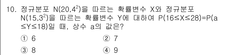 9급_지방직_공무원_수학 2016년 10번 - 주어진 문제는 두 개의 정규분포를 가진 확률변수 X와 Y의 확률을 비교하... 에 관한 핵심 기출문제