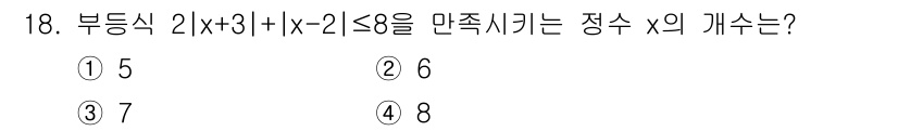 9급_지방직_공무원_수학 2020년 18번 - 부등식 \( 2|x+3| + |x-2| \leq 8 \)을 정리하면 \(... 에 관한 핵심 기출문제
