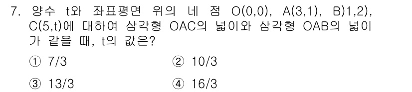 9급_지방직_공무원_수학 2020년 7번 - 삼각형 OAC와 OAB의 넓이를 각각 구한 후, 이 두 넓이가 같다는 조... 에 관한 핵심 기출문제