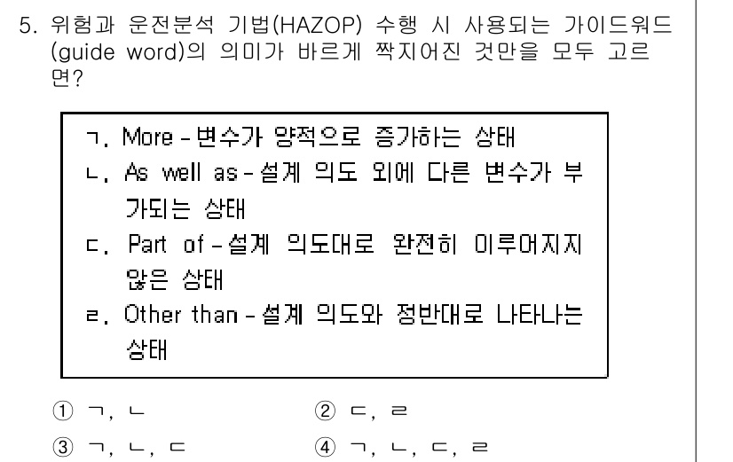 9급_지방직_공무원_안전관리론 2020년 5번 - 정답인 '3'은 HAZOP에서 사용되는 가이드워드의 의미가 적절하게 설명... 에 관한 핵심 기출문제
