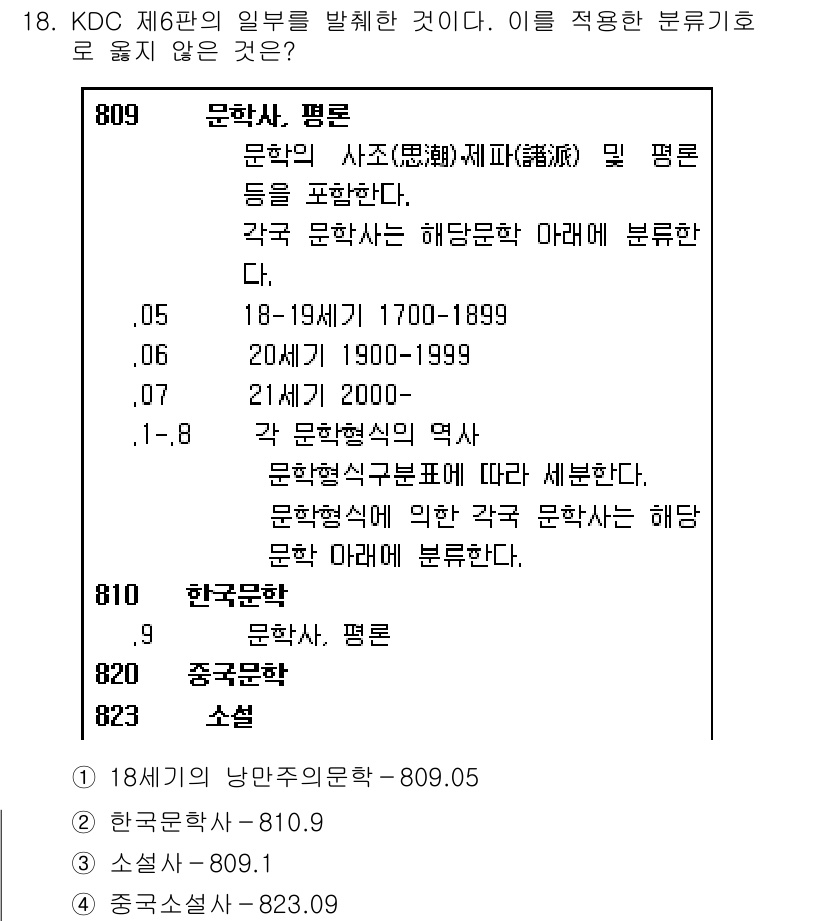 9급_지방직_공무원_자료조직개론 2020년 18번 - 정답이 '3'인 이유는 소설이 KDC 분류 체계에서 "문학사, 평론"에 ... 에 관한 핵심 기출문제