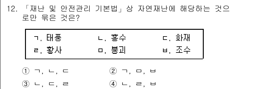 9급_지방직_공무원_재난관리론 2020년 12번 - 주어진 문제에서 자연재난에 해당하는 예시는 태풍, 홍수, 화재로, 이는 ... 에 관한 핵심 기출문제