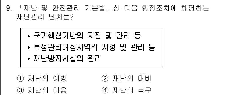 9급_지방직_공무원_재난관리론 2020년 9번 - 재난관리 단계는 '재난의 예방'을 포함합니다. 국가핵심기반의 지적 및 관... 에 관한 핵심 기출문제