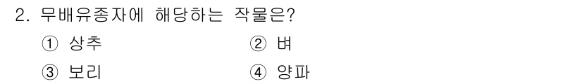 9급_지방직_공무원_재배학개론 2020년 2번 - 무배유종자가 해당하는 작물은 '상추'입니다. 무배유종자는 씨앗 내부에 저... 에 관한 핵심 기출문제