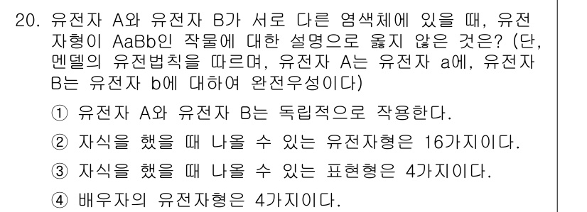 9급_지방직_공무원_재배학개론 2020년 20번 - 주어진 문제에서 유전자 A와 유전자 B가 서로 다른 염색체에 위치할 때,... 에 관한 핵심 기출문제