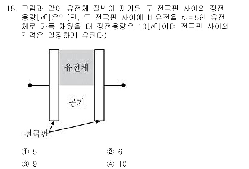 9급_지방직_공무원_전기이론 2020년 18번 - 주어진 문제에서 두 전극판 사이의 정전 용량을 구하는 방식은 다음과 같습... 에 관한 핵심 기출문제