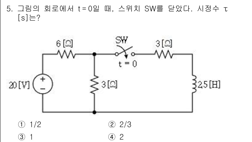 9급_지방직_공무원_전기이론 2020년 5번 - 이 회로에서 스위치가 닫히면 RL 회로가 형성됩니다. 전류가 증가하는 시... 에 관한 핵심 기출문제