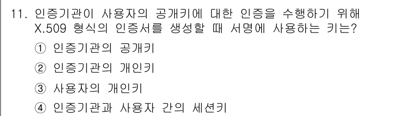 9급_지방직_공무원_정보보호론 2020년 11번 - X.509 인증서에서 인증기관은 사용자 공개키에 대한 인증을 수행하기 위... 에 관한 핵심 기출문제