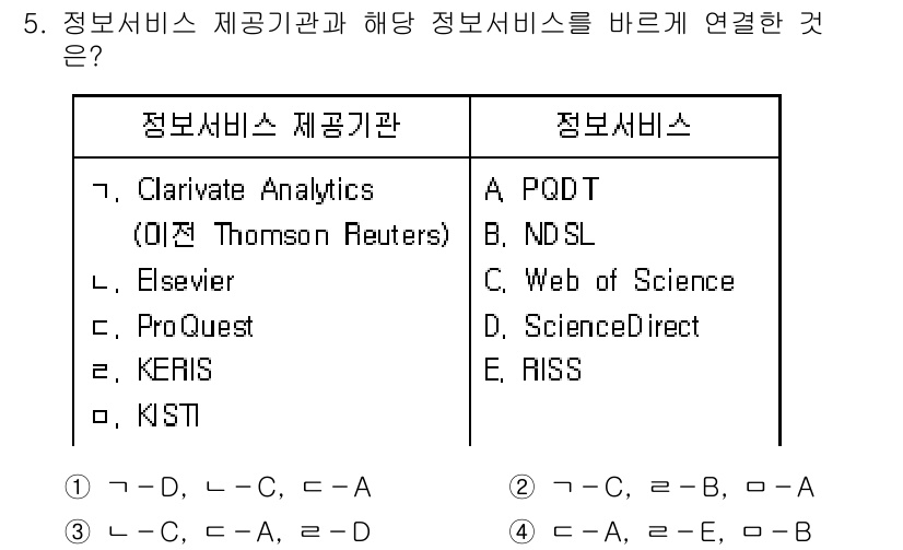 9급_지방직_공무원_정보봉사개론 2020년 5번 - 정답 '4'는 각 정보서비스 제공기관과 해당 정보서비스를 정확히 연결한 ... 에 관한 핵심 기출문제