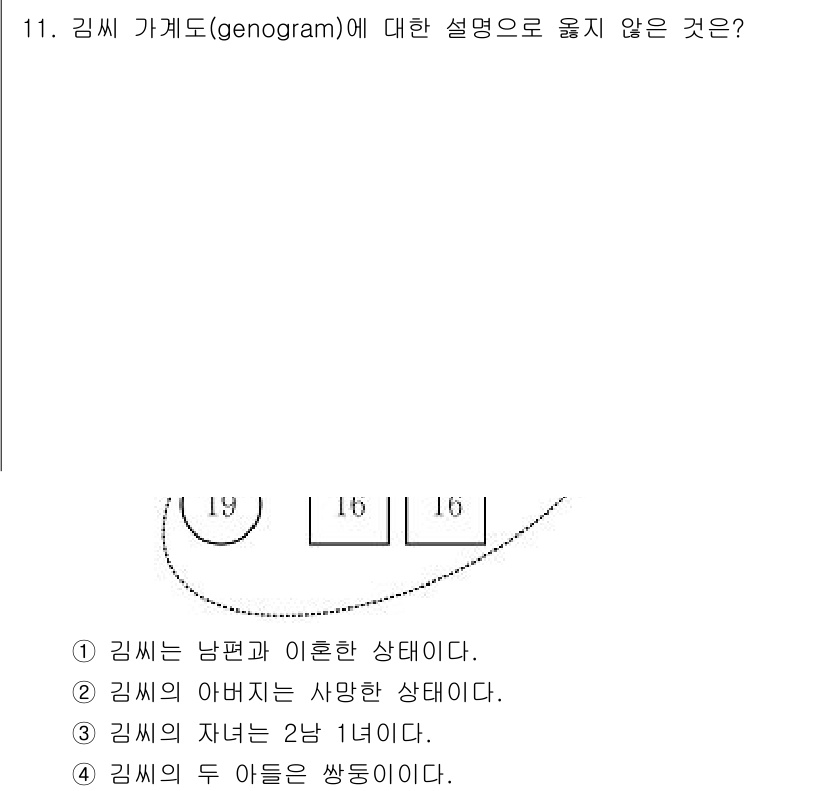 9급_지방직_공무원_지역사회간호학 2020년 11번 - '김씨의 두 아들은 쌍둥이이다'라는 설명은 genogram의 기본 개념에... 에 관한 핵심 기출문제
