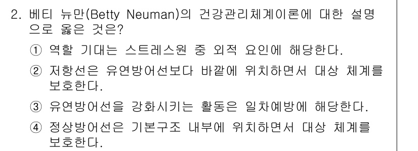 9급_지방직_공무원_지역사회간호학 2020년 2번 - 베티 뉴만의 건강관리체계 이론에서 '유연방어선'은 신체의 기본 구조 내에... 에 관한 핵심 기출문제