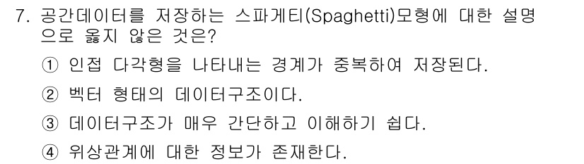 9급_지방직_공무원_지적전산학개론 2020년 7번 - 스파게티 모형은 데이터의 비정형성 및 복잡성을 나타내기 때문에, 인접 다... 에 관한 핵심 기출문제