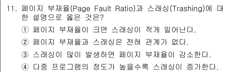 9급_지방직_공무원_컴퓨터일반 2020년 11번 - 페이지 부재율이 높으면, 시스템은 필요한 페이지를 찾기 위해 더 많은 스... 에 관한 핵심 기출문제