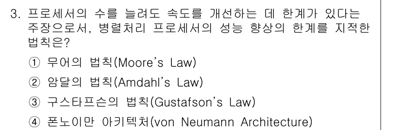 9급_지방직_공무원_컴퓨터일반 2020년 3번 - 정답인 '2. 앰달의 법칙(Amdahl’s Law)'은 병렬 처리 시스템... 에 관한 핵심 기출문제