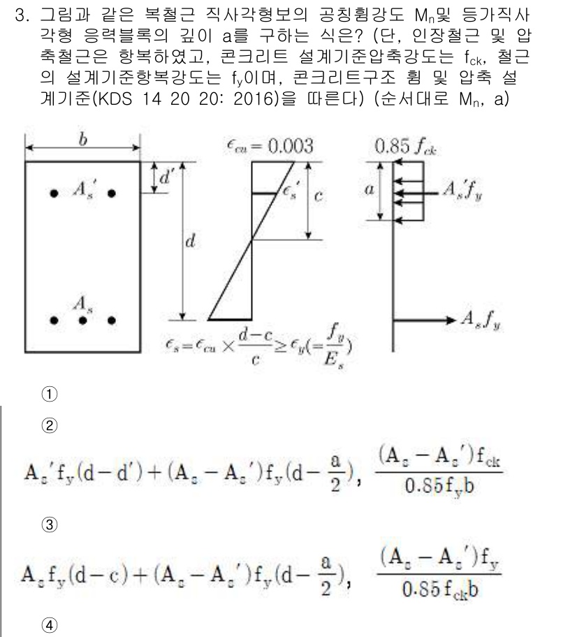 9급_지방직_공무원_토목설계 2020년 3번 - 주어진 문제는 복철근 직사각형 단면의 응력과 굽힘 강도를 구하는 것입니다... 에 관한 핵심 기출문제