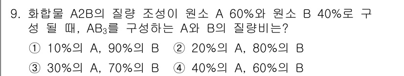 9급_지방직_공무원_화학 2020년 9번 - 문제에서 주어진 화합물 A2B의 원소 비율은 A가 60%이고 B가 40%... 에 관한 핵심 기출문제