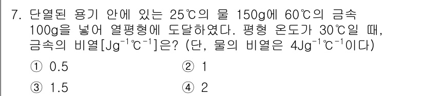 9급_지방직_공무원_화학공학일반 2020년 7번 - 열 전달에 대한 문제로, 물과 금속 간의 열평형 상태에서 에너지 보존 법... 에 관한 핵심 기출문제