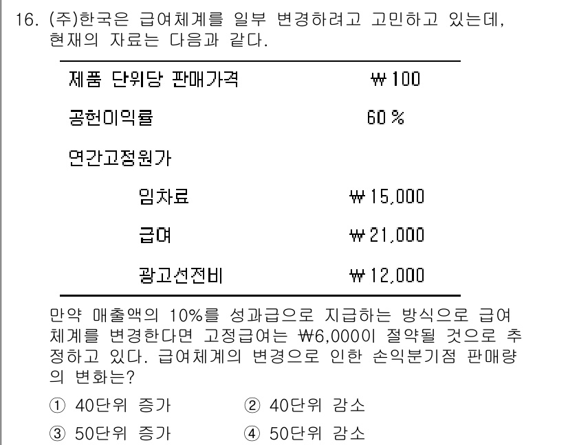 9급_지방직_공무원_회계학 2020년 16번 - 정답이 '1'인 이유는 현재 급여를 40 단위 증가시키면 매출액의 10%... 에 관한 핵심 기출문제