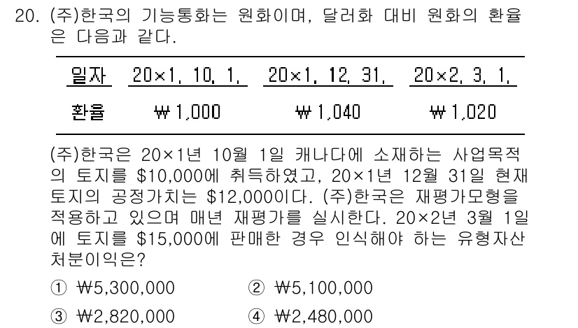 9급_지방직_공무원_회계학 2020년 20번 - 해당 문제는 기본적으로 외화 거래와 환산 관련 회계 처리를 요구합니다. ... 에 관한 핵심 기출문제