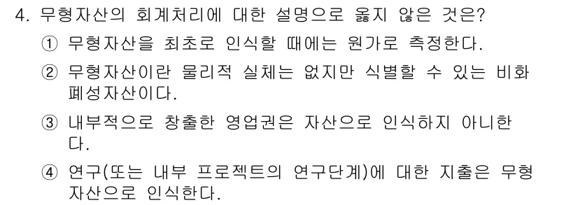 9급_지방직_공무원_회계학 2020년 4번 - 무형자산에 대한 설명 중 적절하지 않은 것은 '연구(또는 내부 프로젝트의... 에 관한 핵심 기출문제