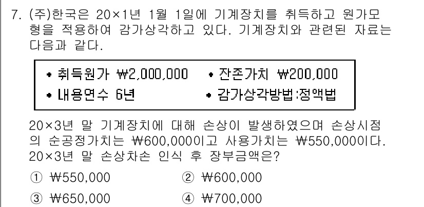 9급_지방직_공무원_회계학 2020년 7번 - 해당 문제에서 20×3년 말 기계장치의 손상 시 점의 순공정 가치는 60... 에 관한 핵심 기출문제