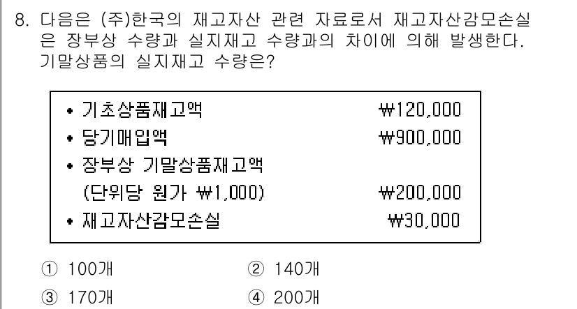 9급_지방직_공무원_회계학 2020년 8번 - 주어진 문제에서 '장부상 기말상품재고액'과 '재고자산감모손실'의 차이를 ... 에 관한 핵심 기출문제