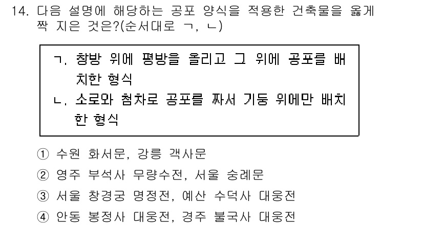 9급_국가직_공무원_건축계획 2020년 14번 - 정답 '3'은 '서울 창경궁 명정전, 예산 수덕사 대웅전'이 해당하는 이... 에 관한 핵심 기출문제