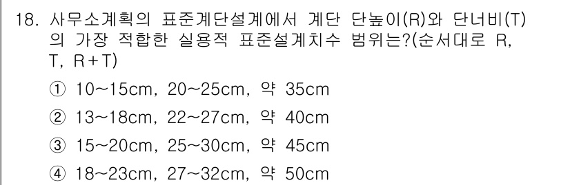 9급_국가직_공무원_건축계획 2020년 18번 - 문제에서 요구하는 것은 계단 단 높이(R)와 단너비(T)의 적합한 비율입... 에 관한 핵심 기출문제