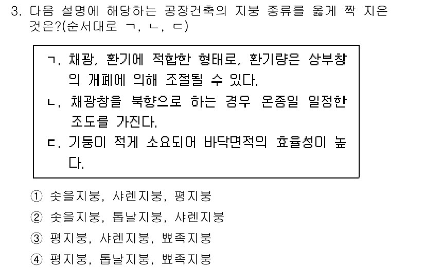 9급_국가직_공무원_건축계획 2020년 3번 - 주어진 설명은 공장 건축의 지붕 형태를 설명하고 있습니다. 각각의 설명에... 에 관한 핵심 기출문제