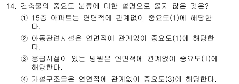 9급_국가직_공무원_건축구조 2020년 14번 - 건축물의 중요도 분류에서 가설구조물은 일반적으로 안전성과 내구성 측면에서... 에 관한 핵심 기출문제