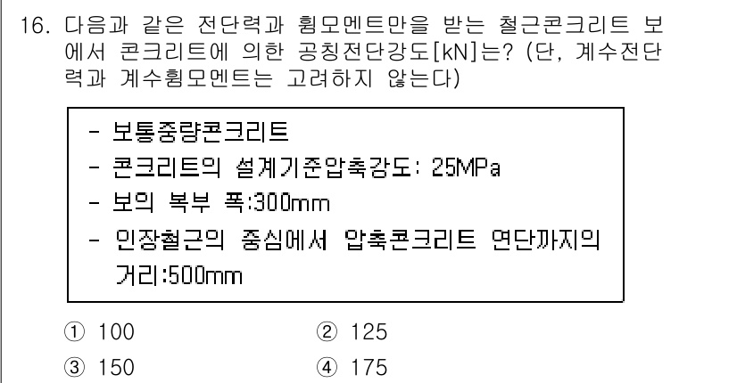 9급_국가직_공무원_건축구조 2020년 16번 - 문제에서 주어진 설계기준 압축강도(25MPa)와 보의 폭(300mm), ... 에 관한 핵심 기출문제