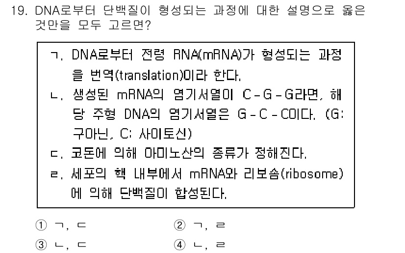 9급_국가직_공무원_공업화학 2020년 19번 - 이 문제에서 정답은 3번입니다. 
1번의 설명은 DNA에서 RNA로의 전... 에 관한 핵심 기출문제