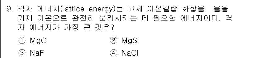 9급_국가직_공무원_공업화학 2020년 9번 - 격자 에너지는 이온 결합 화합물이 고체 상태에서 이온으로 완전히 분리되기... 에 관한 핵심 기출문제